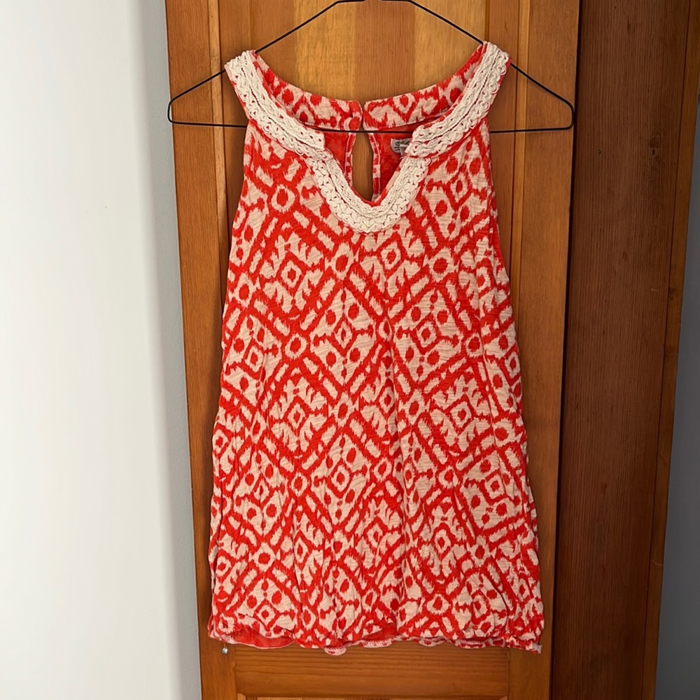 Lucky Brand sleeveless top, size L blouse with embellished neck detail.